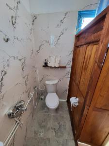 a bathroom with a toilet and a wooden door at Dar Essadeg Bis in Tataouine