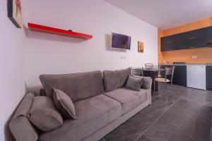 a living room with a couch and a kitchen at Alessandra Apartments & free private parking in Sveti Stefan