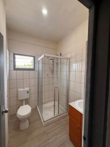 a bathroom with a shower and a toilet and a sink at Panatina Sunset Residence in Honiara +20 photos