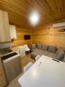 ein Wohnzimmer mit Sofa und Tisch und eine Küche in der Unterkunft Violet Village in Borsh