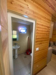 ein Badezimmer mit Toilette und Waschbecken in einem Zimmer in der Unterkunft Violet Village in Borsh