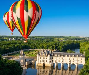 a hot air balloon flying over a castle at Bungalow charmant à Onzain avec vue sur jardin in Onzain