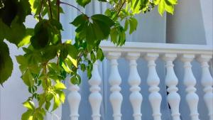 a white railing on a balcony with green leaves at Spacious house in Lukoran with sea view in Lukoran