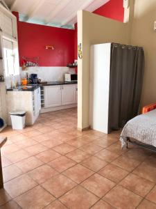 a kitchen with a refrigerator and a red wall at Studio cosy aux Abymes, piscine et jardin, 25 m² in Les Abymes