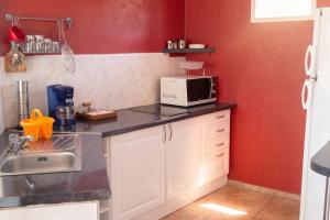 a kitchen with a sink and a microwave at Studio cosy aux Abymes, piscine et jardin, 25 m² in Les Abymes +3 photos
