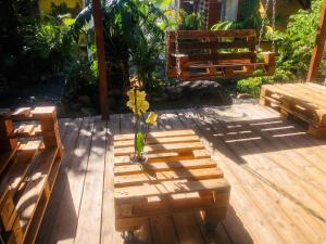 a wooden deck with a vase with a flower in it at Appartement charmant à Basse-Terre - 25 m² avec jardin in Basse-Terre