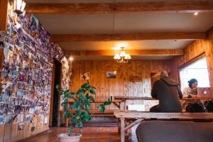 a man sitting at a table in a wooden room at Periko´s Youth Hostel in San Carlos de Bariloche