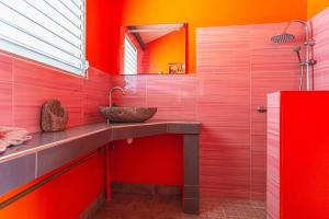 a red bathroom with a sink and a mirror at Bungalow charmant avec vue sur la mer à Sainte Rose in Sainte-Rose