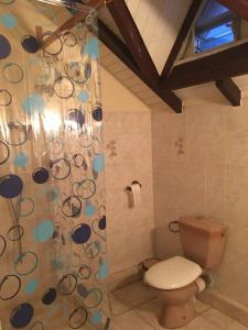 a bathroom with a toilet and a shower curtain at Appartement Moderne à Capesterre de Marie Galante avec Balcon in Vidon
