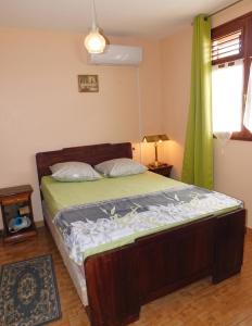 a bedroom with a bed with a green curtain at Maison charmante vue sur mer à La Trinité, 2 chambres. in La Trinité