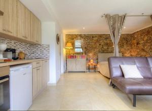 a kitchen and a living room with a leather couch at Studio accueillant à Moltifao 30 m² avec terrasse et jardin in Moltifao