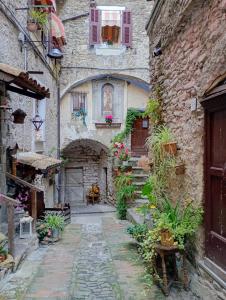 an alley in an old stone building with potted plants at Casa Arancia in Isolabona