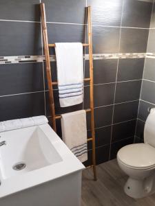 a bathroom with a sink and a toilet and towels at Villa charmante au Moule avec piscine in Le Moule