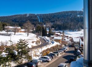 a line of cars parked in a parking lot in the snow at Studio accueillant à Les Carroz, 27 m², vue montagne in Les Carroz d'Araches +29 photos