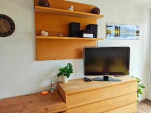 Ein Fernseher steht auf einem Holzschrank. in der Unterkunft Auszeit mit Sauna und Pool in Scheidegg