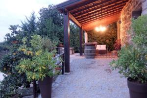 a patio with potted plants and a wooden pergola at Paradisiacal Villa in Lousada with Private Pool in Lousada