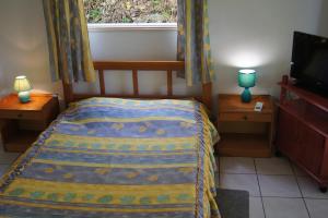 a small bedroom with a bed and a television at Studio cosy au Moule 30 m² avec jardin privé in Le Moule