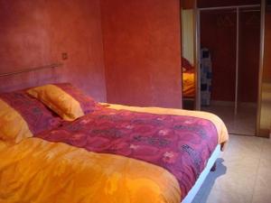 a bedroom with a bed with a colorful blanket on it at Maison charmante en campagne à Mouterre-Silly, Jardin, Terrasse. in Mouterre-Silly
