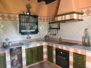 a kitchen with green cabinets and a counter top at Elegant Villa in El Saucejo with Private Pool in Saucejo