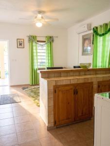 a kitchen with a counter and green curtains at Charming Apartment in La Savane, 65 sqm with Terrace in Happy Bay +7 photos