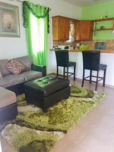 a living room with a couch and chairs and a kitchen at Charming Apartment in La Savane, 65 sqm with Terrace in Happy Bay