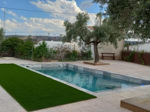 ein Swimmingpool in einem Garten mit einem Baum in der Unterkunft Hotel Balfagón in Calanda