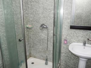 a bathroom with a shower and a sink at Charming Apartment in Pamplemousses, 30 m² with Garden View in Pamplemousses Village