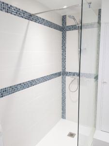 a shower in a bathroom with blue tiles on the wall at Appartement lumineux à Saint-Cyprien 45 m² vue mer in Saint-Cyprien