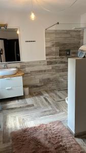 a bathroom with a glass shower and a sink at Mountain Bloom House in Galda de Sus