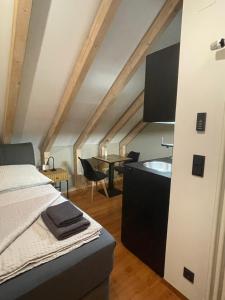 a bedroom with a bed and a sink in a room at Modernes und schönes Apartment VS in Villingen-Schwenningen