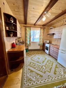 a kitchen with a large rug on the floor at Котедж Amber in Mykulychyn
