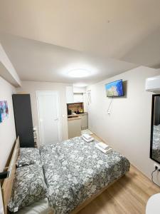 a small room with a bed and a tv at Little Studio Prespa Best Location in Varna City