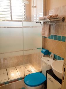 a bathroom with a blue toilet and a sink at Maison confortable Le Moule Jacuzzi in Le Moule