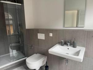 a bathroom with a sink and a toilet and a mirror at Apartment Itzehoe in Itzehoe