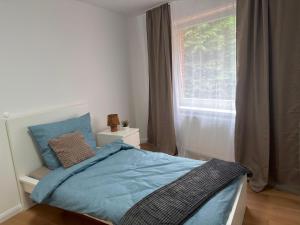 a bedroom with a bed with blue sheets and a window at Apartment Itzehoe in Itzehoe