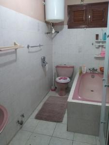 a bathroom with a pink tub and a toilet at Appartement panoramique Bouillante in Bouillante