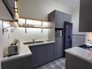 a kitchen with gray cabinets and a sink at GreenMarket Apartment in Knysna