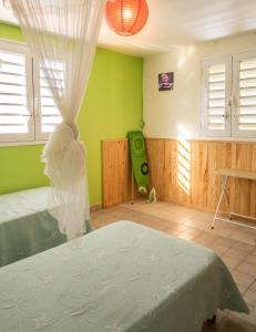 a bedroom with green walls and a bed with a curtain at Appartement confortable à Sainte-Anne, 70m², vue jardin in Sainte-Anne +4 photos