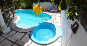 a swimming pool with a blue tub in a yard at Spacious Apartment in Pamplemousses with Private Pool in Pamplemousses Village +17 photos