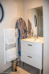 a bathroom with a sink and a mirror at Studio confortable à Abondant, 30 m² avec jardin équipé in Abondant