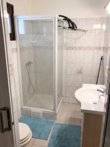 a bathroom with a shower and a toilet and a sink at Appartement lumineux aux Trois-Îlets in Les Trois-Îlets