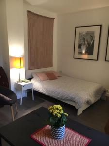 a bedroom with a bed and a table with a potted plant at Charmant Studio à 2pas du Château de Vincennes in Vincennes