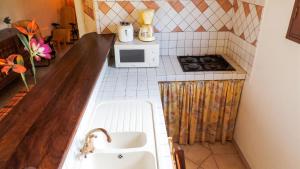 a small kitchen with a sink and a stove at Appartement confortable au Robert 70 m² avec jardin privé in Le Robert