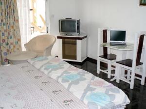 a bedroom with a bed and a tv and a desk at Cozy studio in Trou-aux-Biches 35 m² with lovely garden balcony in Trou aux Biches