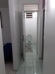a bathroom with a toilet in a white room at Maison accueillante aux Mangles avec jardin clôturé in Les Mangles