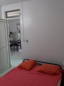 a bed with two orange pillows in a room at Maison accueillante aux Mangles avec jardin clôturé in Les Mangles