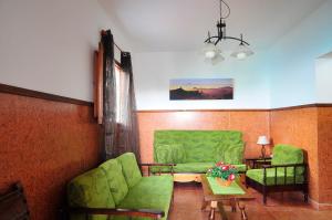 sala de estar con sofá verde y mesa en Apartamentos Buen Leon, en Playa de Tasarte