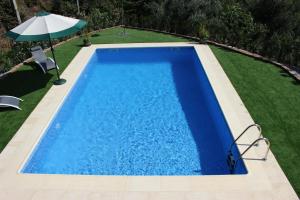 a swimming pool in a yard with an umbrella at Peaceful villa in São Martinho de Mouros with private pool in Frende