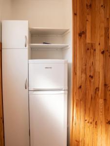 a white refrigerator in a kitchen next to a wooden wall at Appartement de charme à Port-Louis, 35 m², jardin privé in Port-Louis