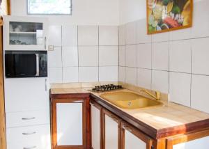 a small kitchen with a sink and a microwave at Appartement de charme à Port-Louis, 35 m², jardin privé in Port-Louis